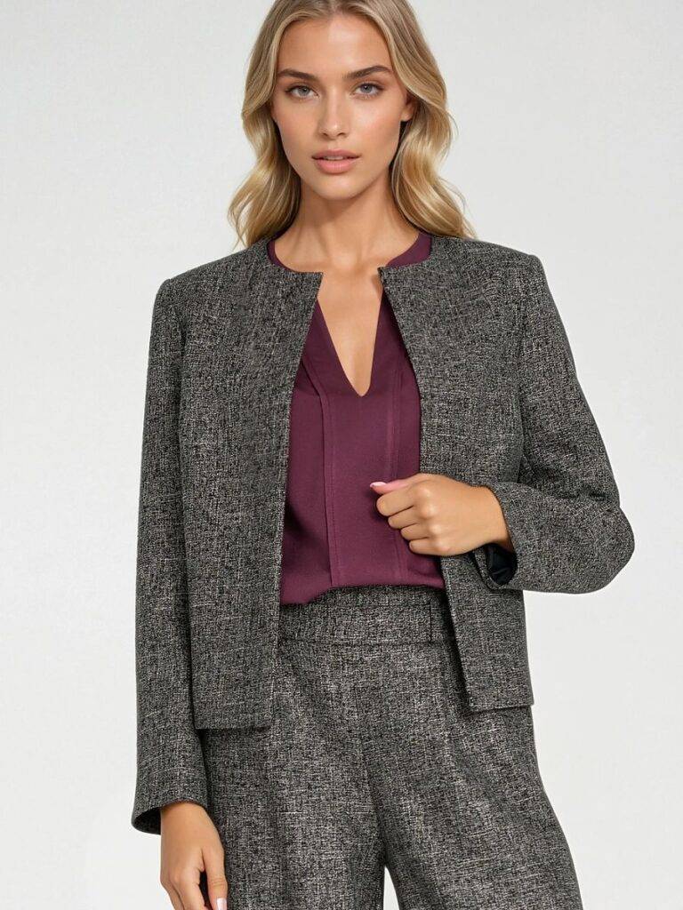 Blazer gris chiné épaulettes minimalistes, coupe boxy courte
