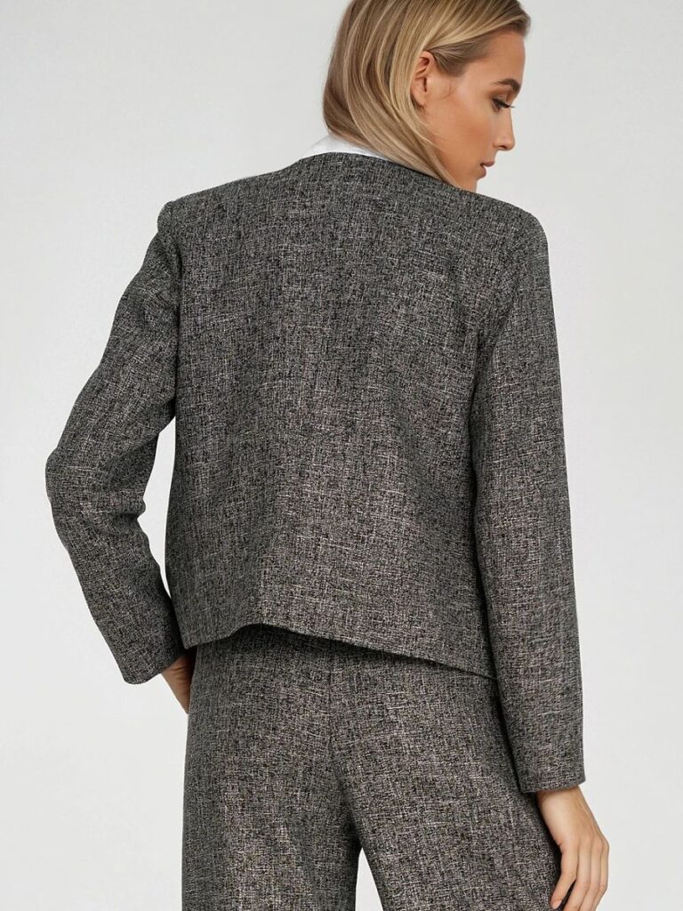 Blazer gris chiné épaulettes minimalistes, coupe boxy courte — vue 2