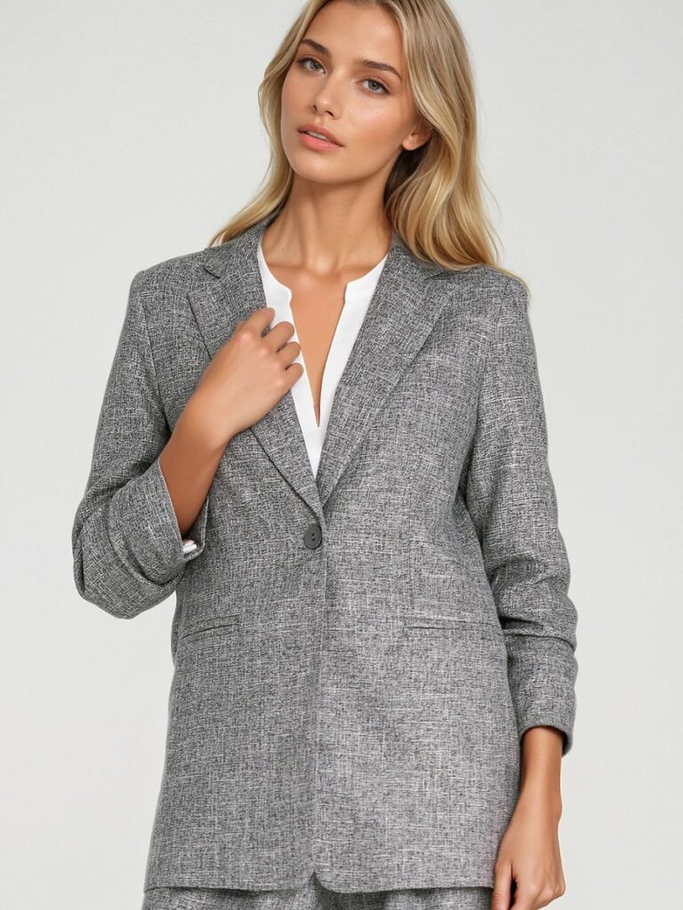 Veste tailleur Camille gris chiné, vue de face, coupe régulière manches 3/4