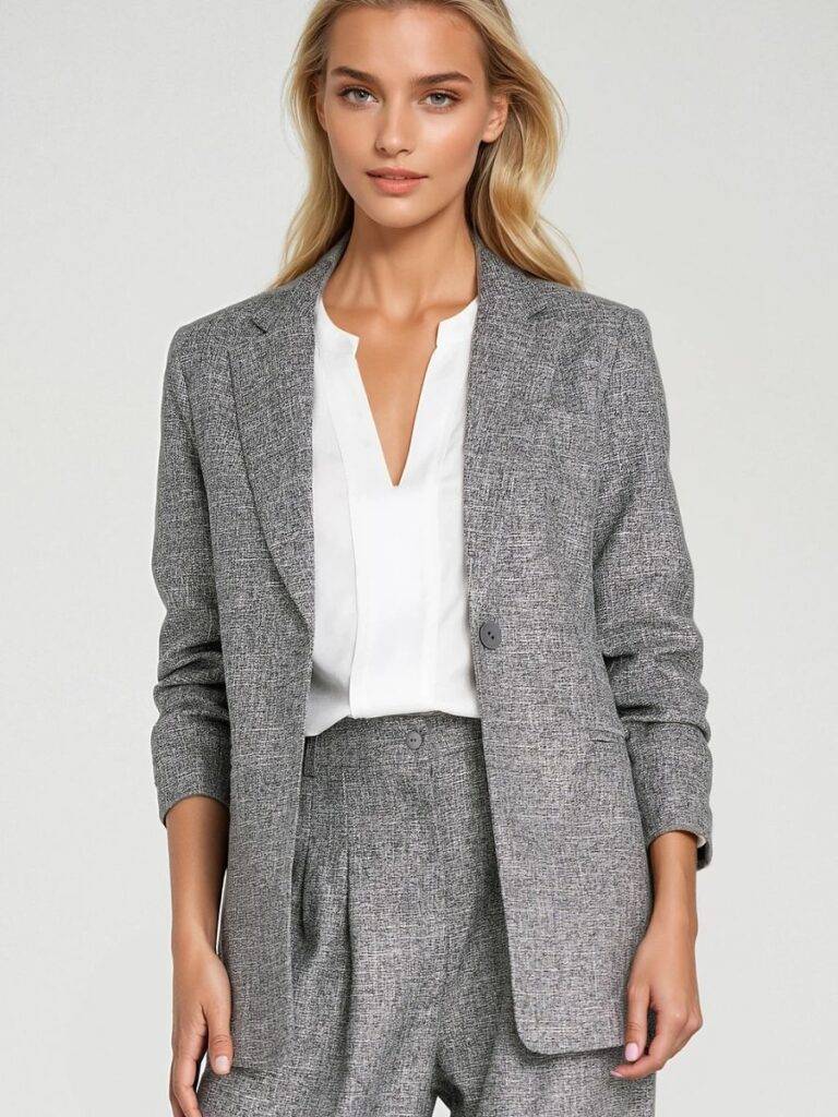 Veste tailleur Camille gris chiné, vue de face, coupe régulière manches 3/4 — vue 2