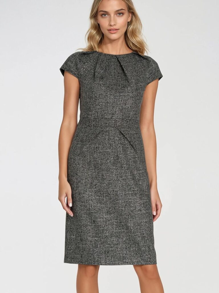 Robe Mathilde gris chiné col rond, coupe crayon, longueur midi