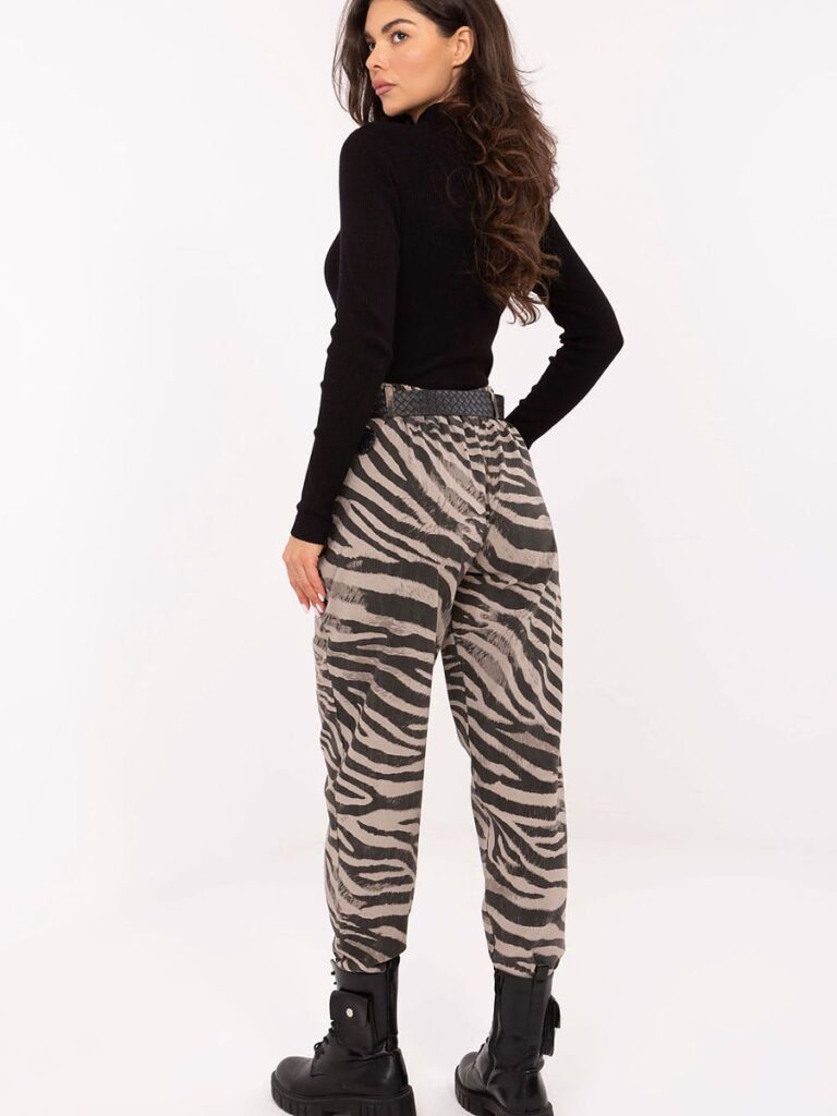Pantalon taille haute beige motif zébré, coupe fuselée, femme — vue 2