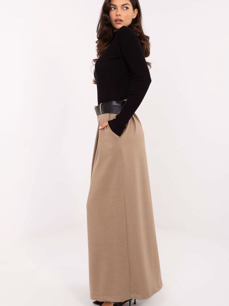 Pantalon palazzo beige femme taille haute ajustable coupe fluide — vue 1