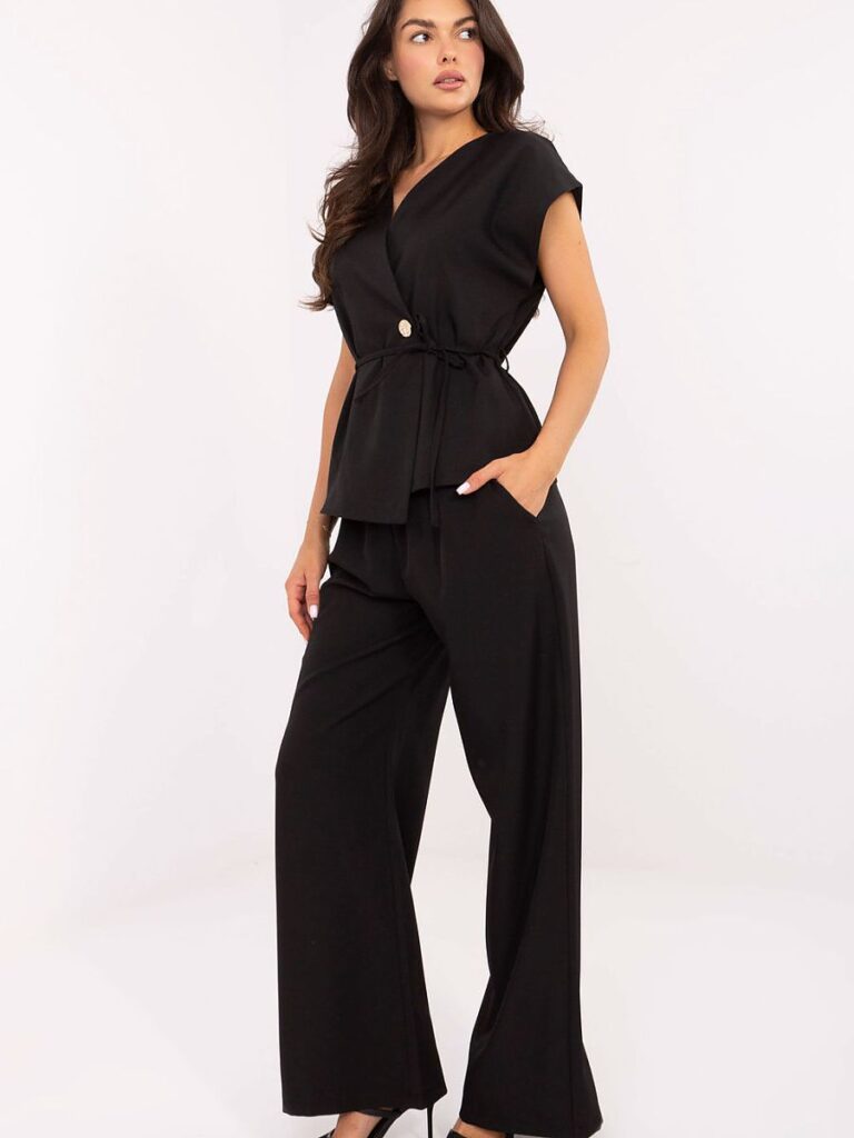 Ensemble femme gilet boutonné et pantalon taille haute noir fluide — vue 1