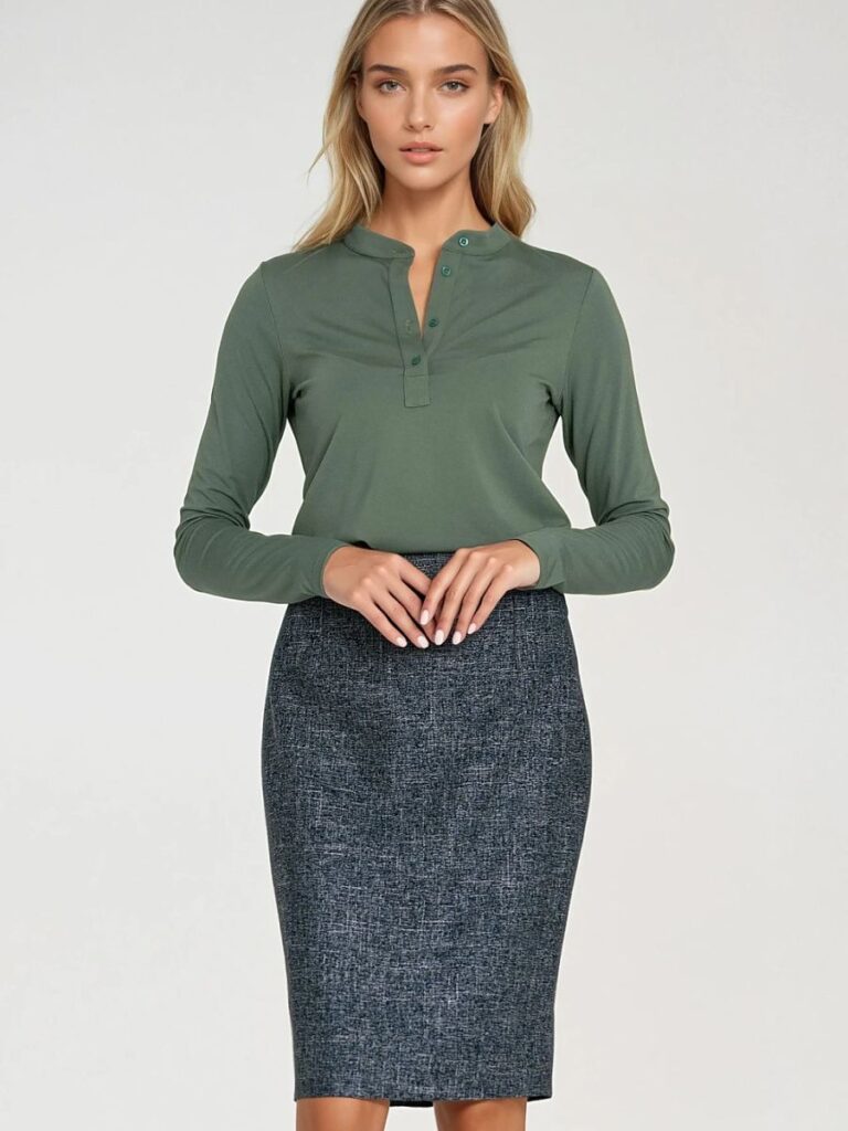 Chemisier vert menthe ajusté col montant manches longues femme