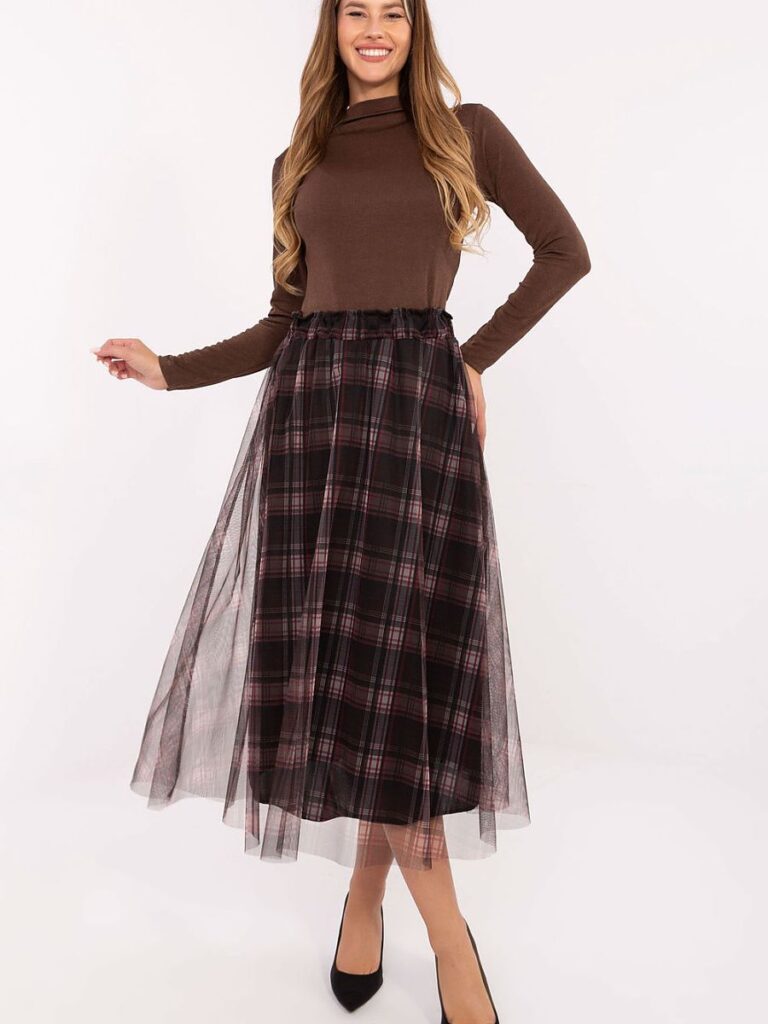 Jupe midi tartan et tulle, coupe évasée doublée, ceinture élastique