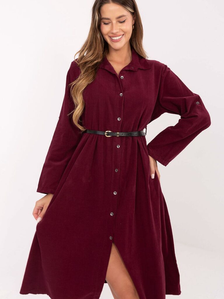 Robe chemise bordeaux ceinturée midi, coton, col structuré