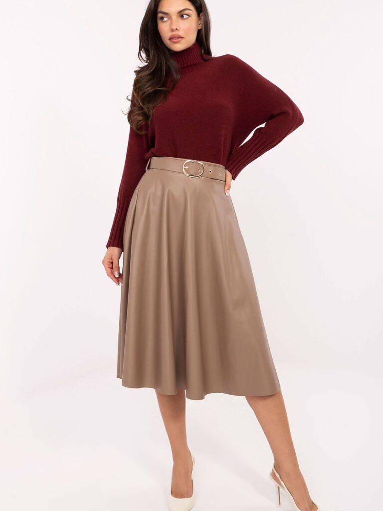 Jupe midi simili cuir beige, longueur midi, taille élastique confortable