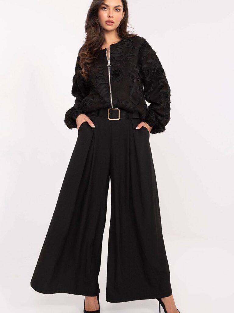 Pantalon palazzo noir fluide taille haute avec ceinture élastique