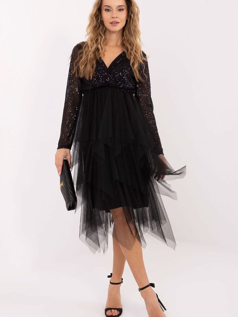 Robe soirée noir paillettes bustier croisé et jupe tulle aérienne