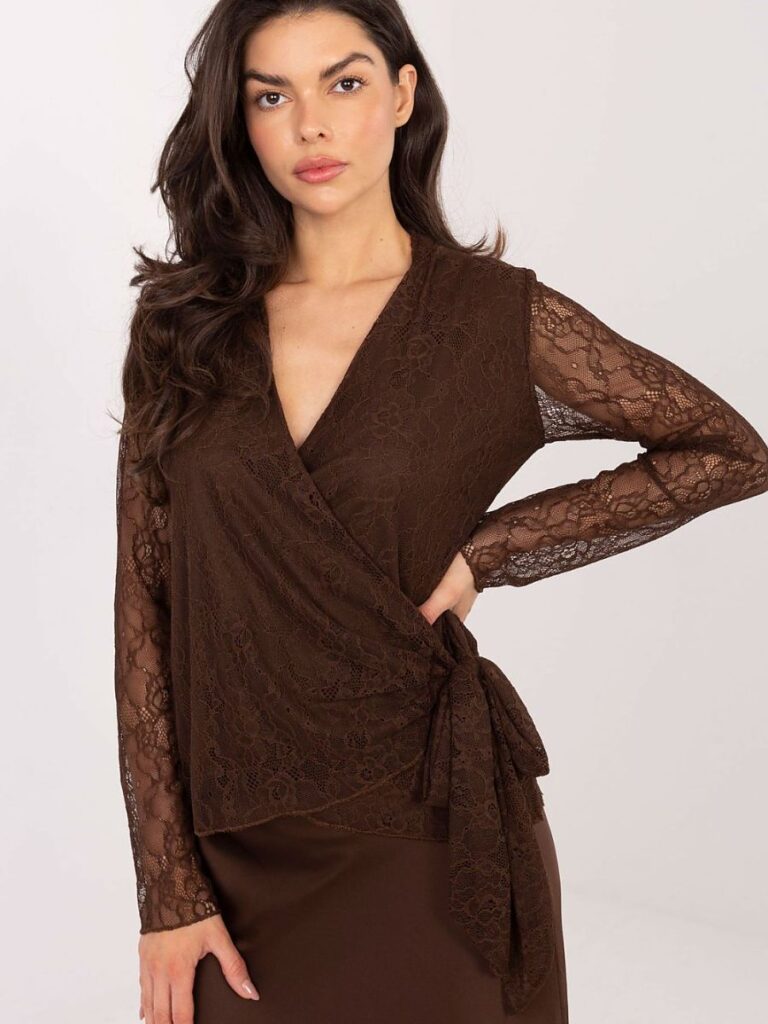 Blouse dentelle ajourée nœud décolleté croisé doublée — vue 2