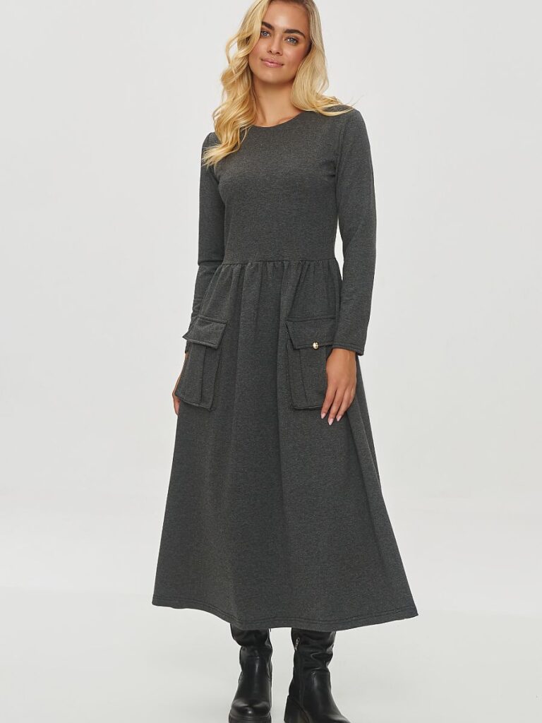 Robe Camille gris midi taille cintrée poches plaquées or