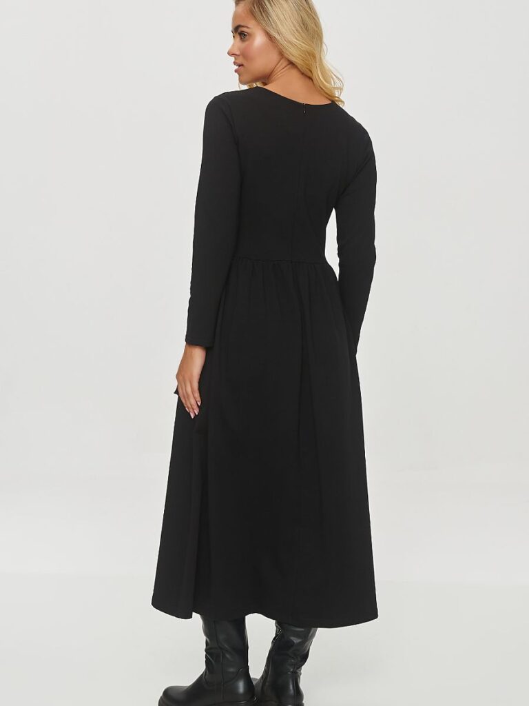Robe midi noire évasée avec poches avant dorées manches longues — vue 1