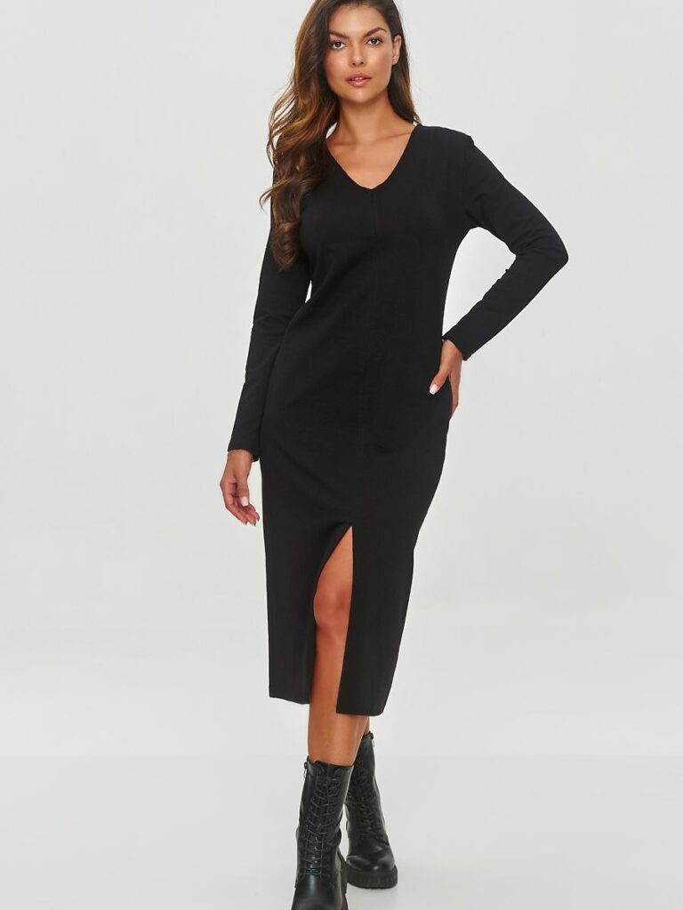 Robe midi Éloise noir coton stretch, encolure V, manches longues