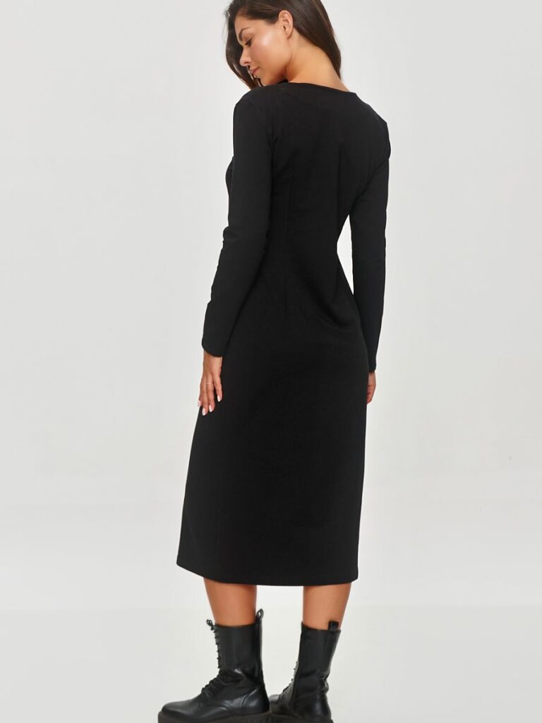 Robe midi Éloise noir coton stretch, encolure V, manches longues — vue 1