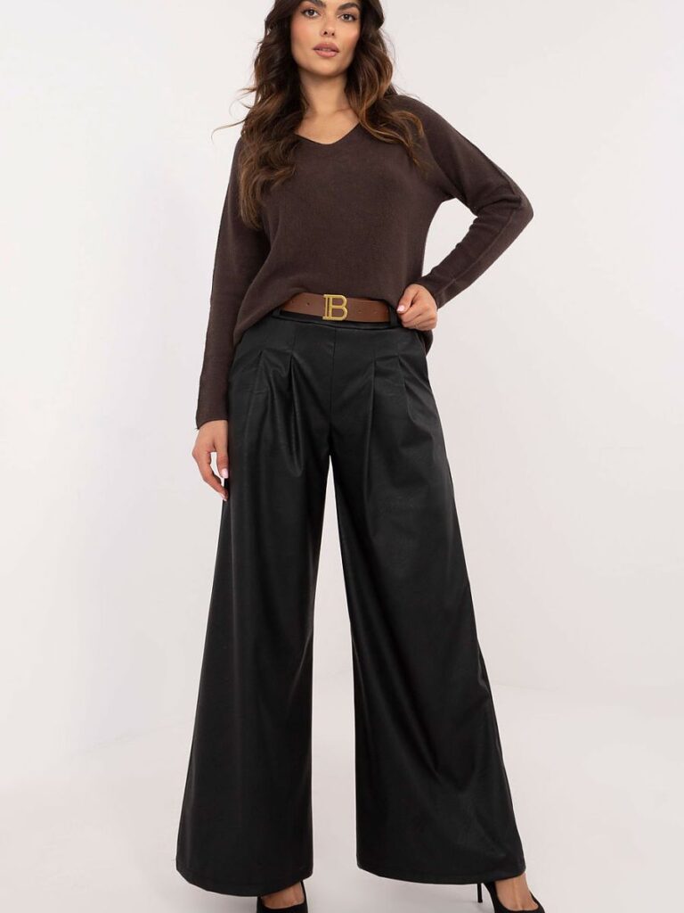 Pantalon Léa noir cuir écologique, coupe taille haute fluide