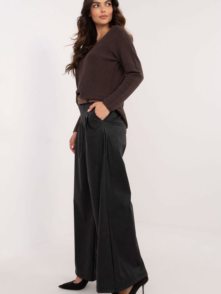 Pantalon Léa noir cuir écologique, coupe taille haute fluide — vue 1