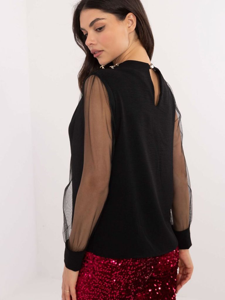 Blouse Joanne manches bouffantes résille, col rond, plis décorés épaules — vue 2