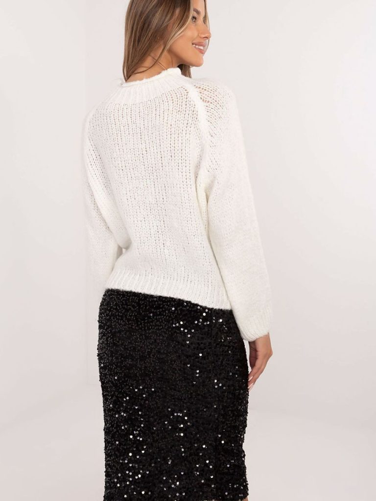Pull blanc femme manches volantées col rond, coupe régulière — vue 2