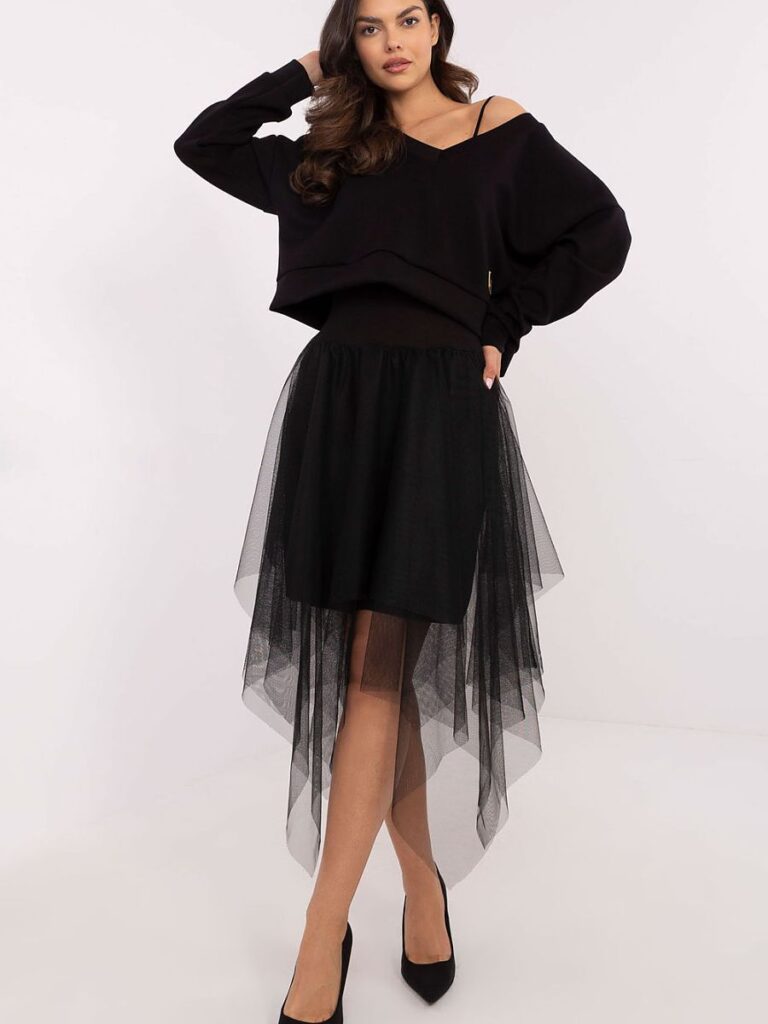 Ensemble Léa : pull col V et robe midi tulle, viscose, femme