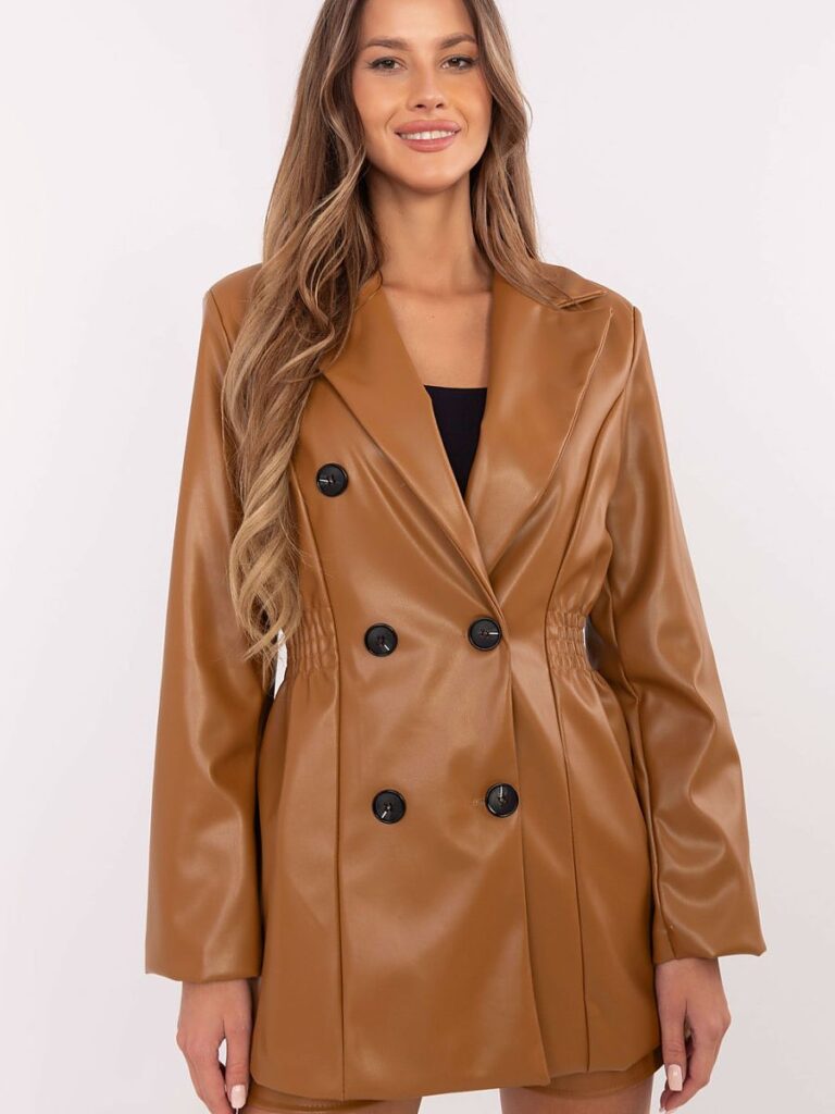 Blazer camel éco-cuir à double boutonnage épaulettes marquées