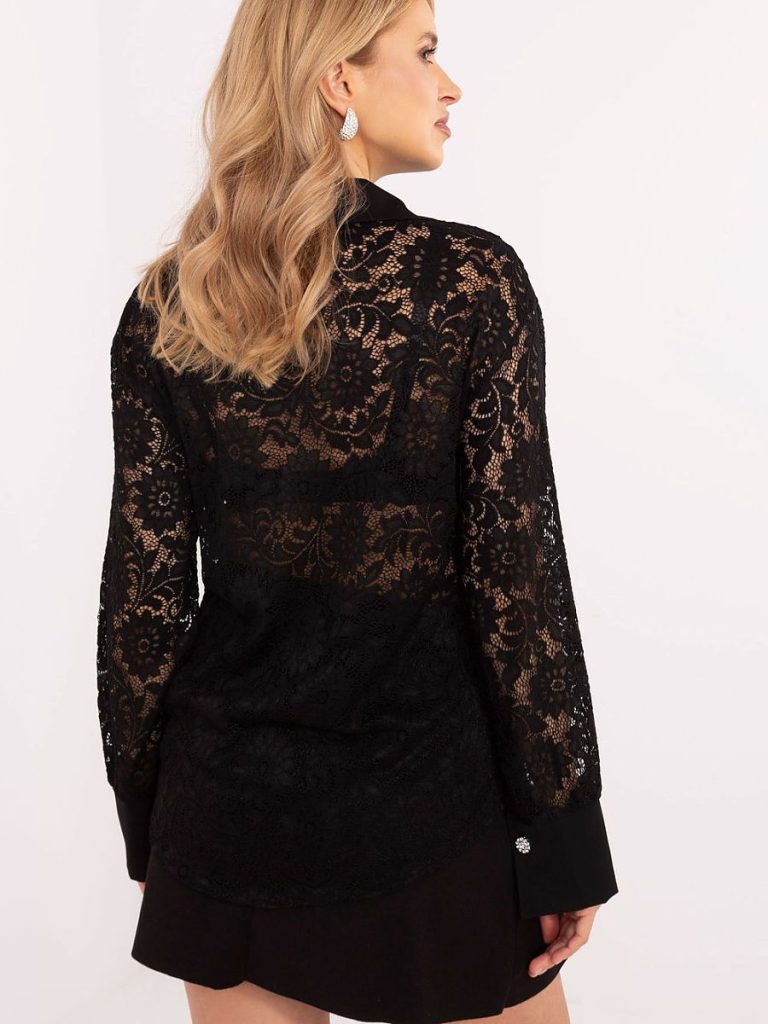 Chemise noire dentelle ajourée col structuré, détail transparent — vue 2
