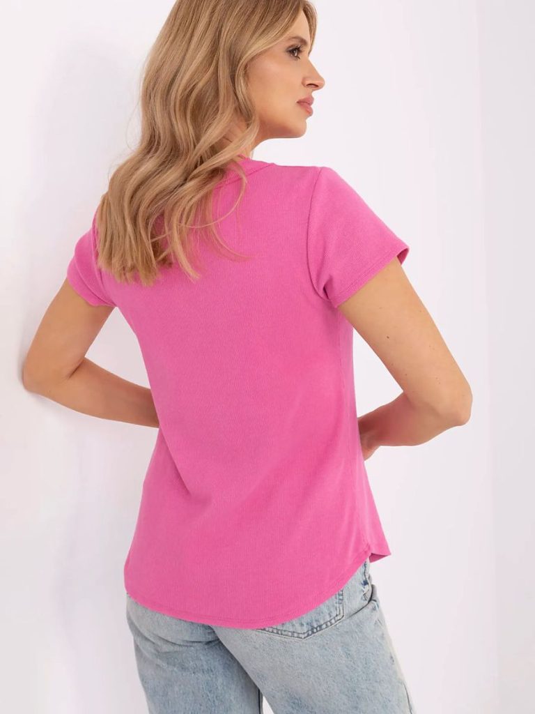 Chemise rose en coton ajustée décolleté V manches courtes — vue 2