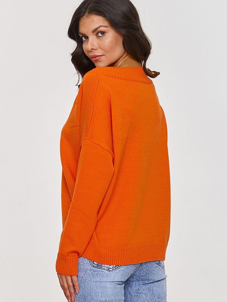 Pull femme col V en viscose orange, coupe ample manches longues — vue 2