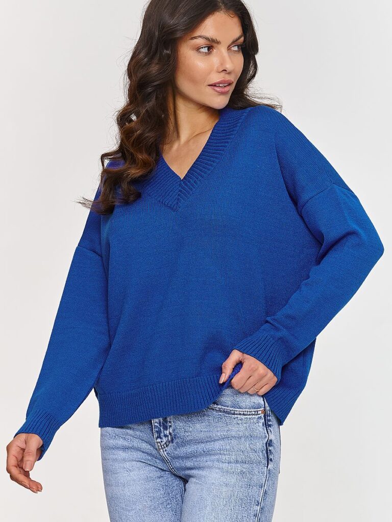 Pull femme col V bleu royal, coupe ample épousante, manches longues côtelées