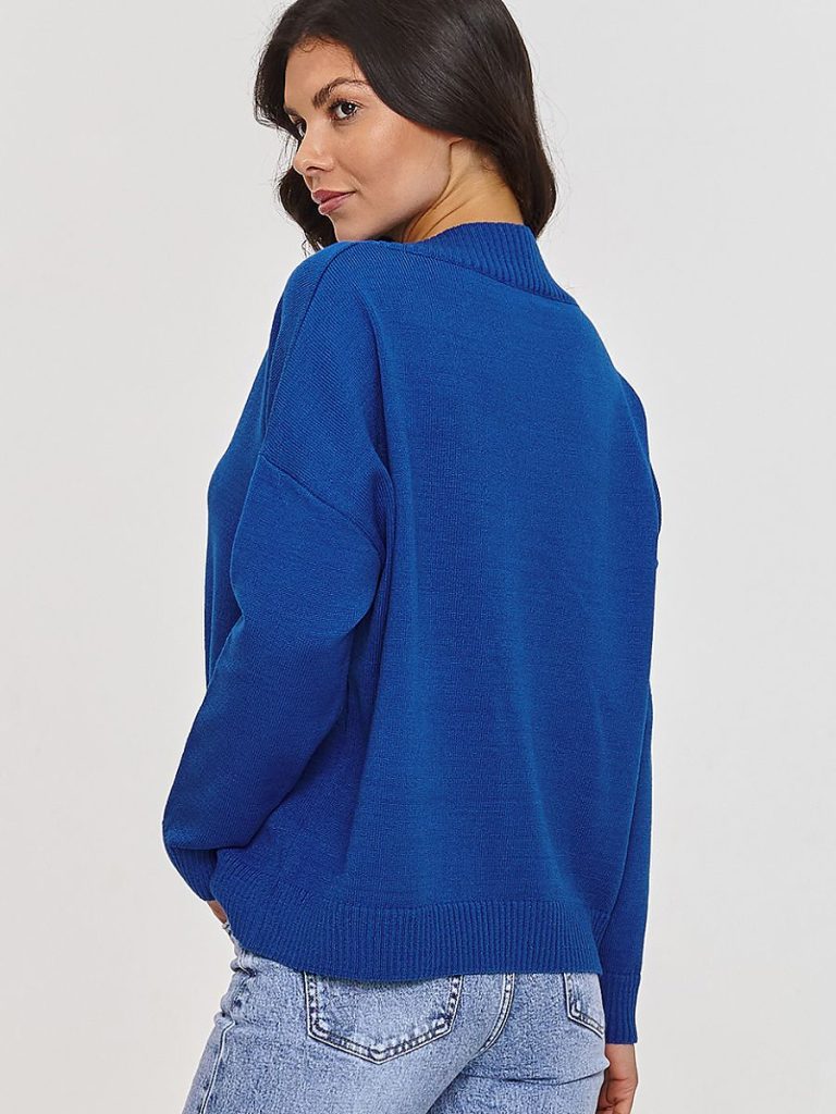 Pull femme col V bleu royal, coupe ample épousante, manches longues côtelées — vue 2