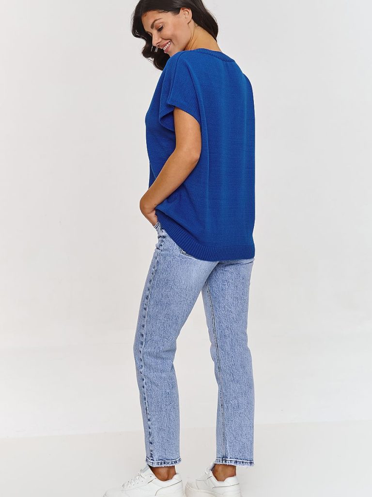 Pull bleu roi col V oversize, coupe généreuse femme — vue 2