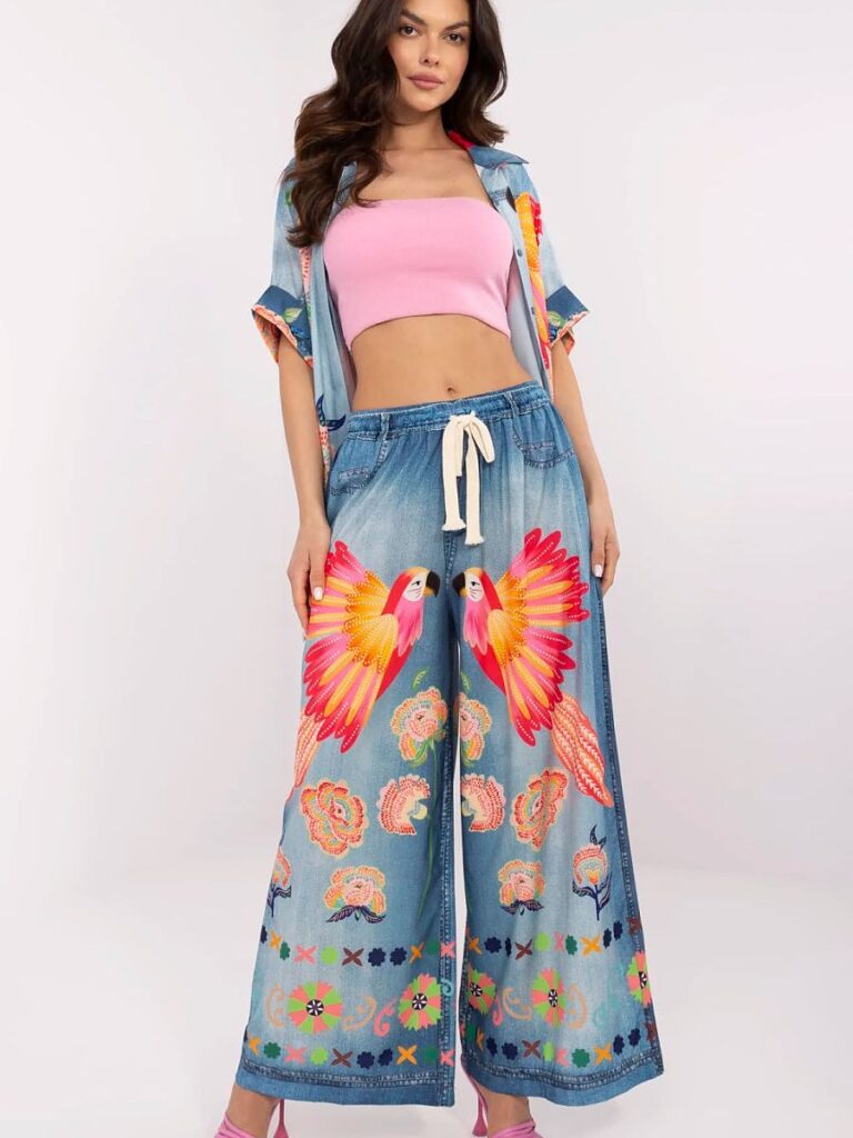Pantalon palazzo fluide imprimé floral motif coloré taille haute coupe affinante