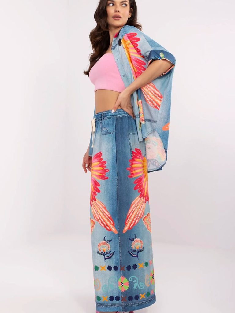 Pantalon palazzo fluide imprimé floral motif coloré taille haute coupe affinante — vue 1