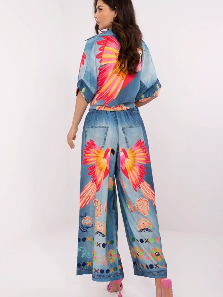 Pantalon palazzo fluide imprimé floral motif coloré taille haute coupe affinante — vue 2