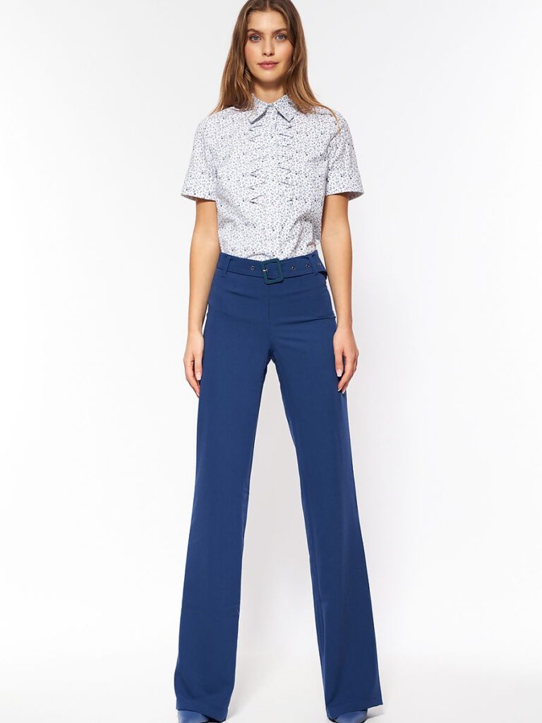 Pantalon marine taille haute jambes évasées femme chic — vue 1