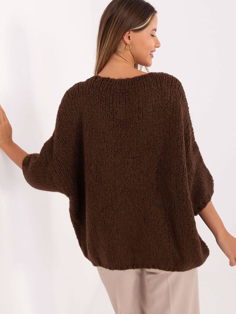 Pull oversize alpaga chocolat encolure V manches 3/4 — vue 2