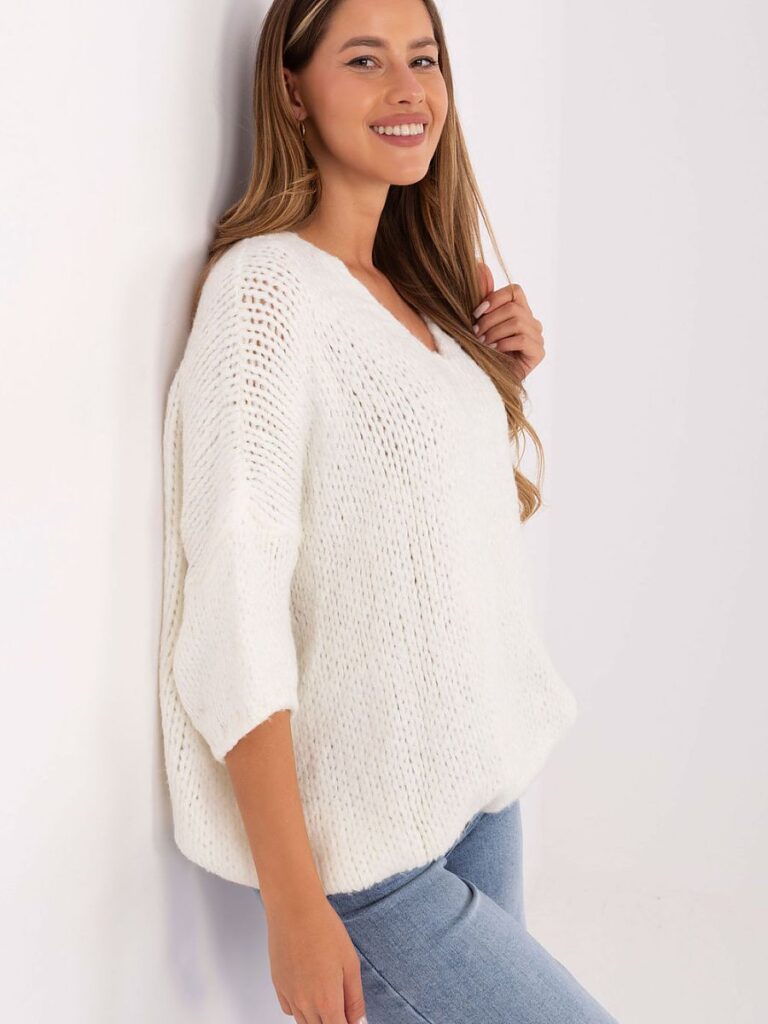 Pull blanc oversize col V en alpaga, manches 3/4 femme — vue 1