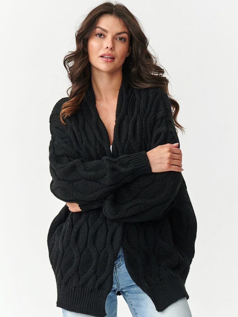 Cardigan noir oversize torsades tressées maille premium femme