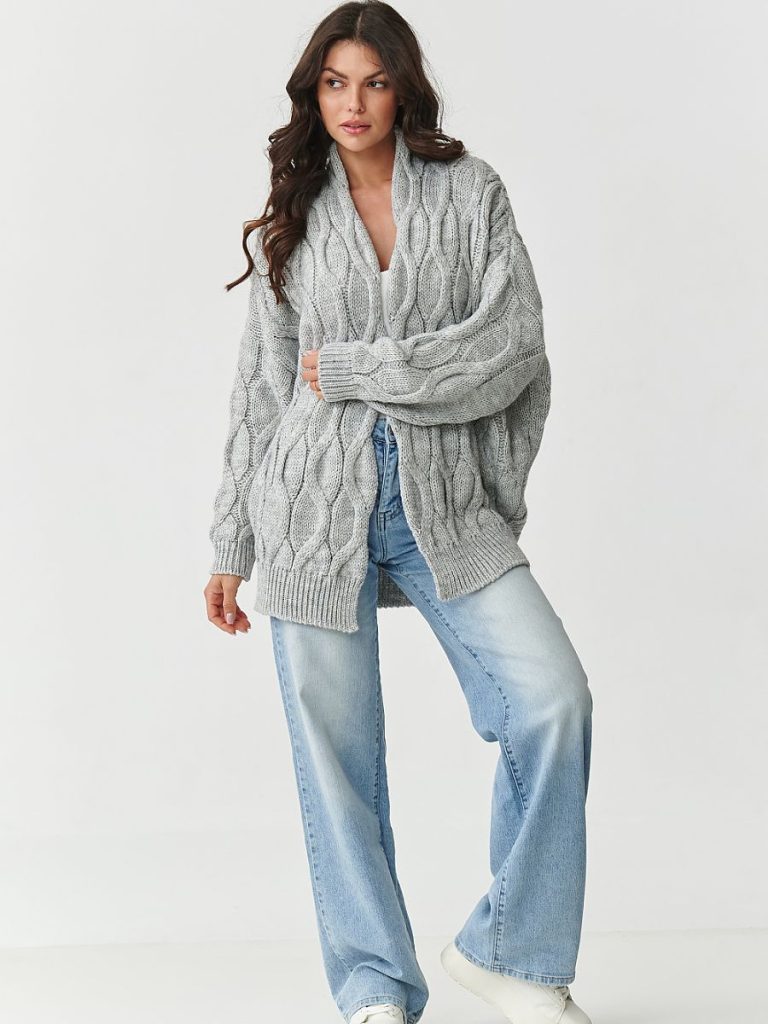 Cardigan oversize maille tressée gris, coupe généreuse, motif torsadé — vue 1