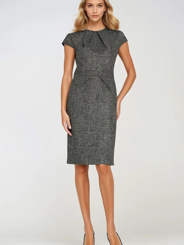 Robe Mathilde gris chiné col rond, coupe crayon, longueur midi — vue 1