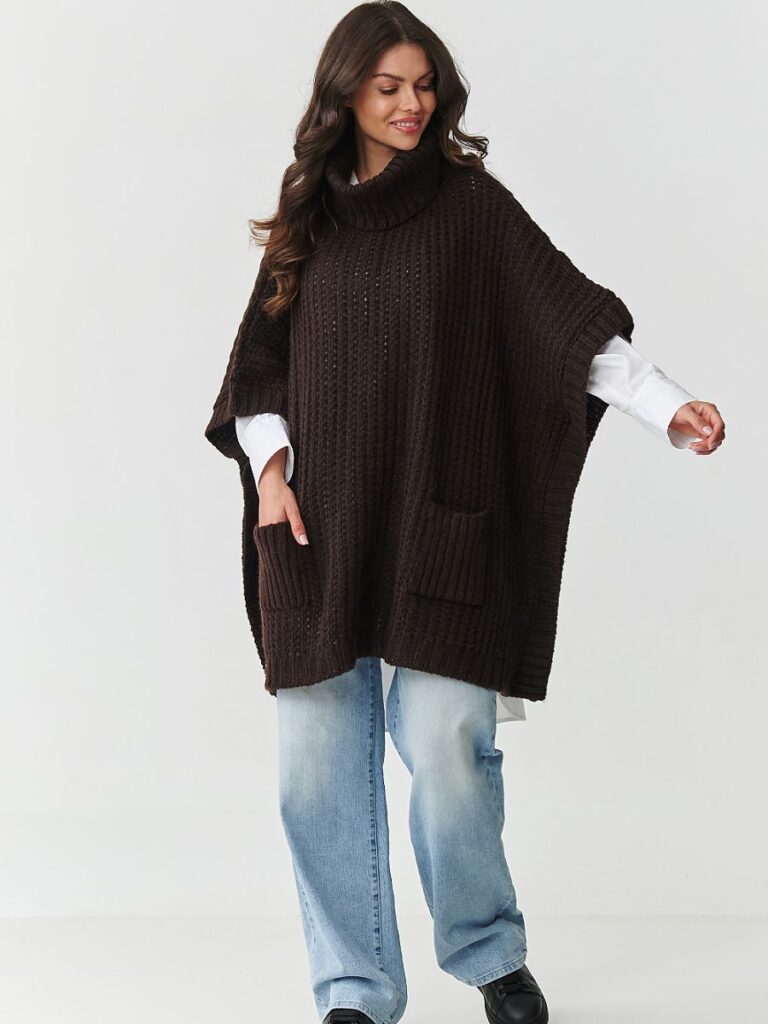 Poncho femme laine mélangée col montant, manches trois-quarts — vue 1