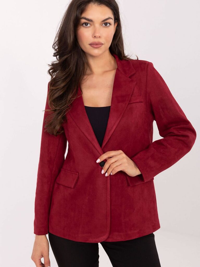 Blazer Élise en suède rouge, coupe structurée, manches longues