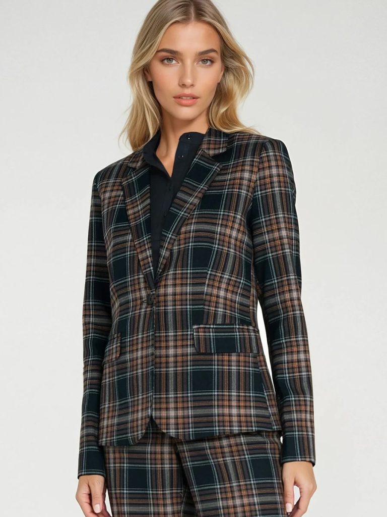 Blazer femme carreaux bleu marine coupe ajustée col revers