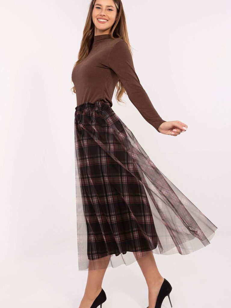 Jupe midi tartan et tulle, coupe évasée doublée, ceinture élastique — vue 1