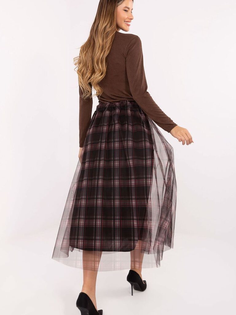 Jupe midi tartan et tulle, coupe évasée doublée, ceinture élastique — vue 2