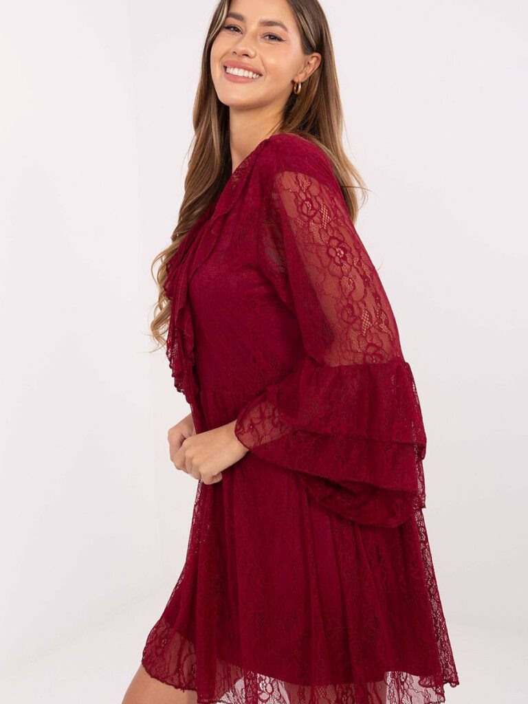 Robe de soirée dentelle bordeaux décolleté V manches volantées — vue 1