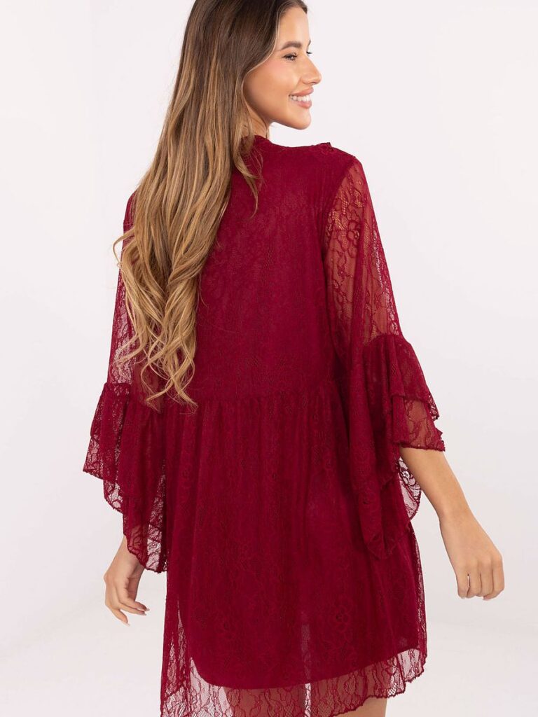 Robe de soirée dentelle bordeaux décolleté V manches volantées — vue 2