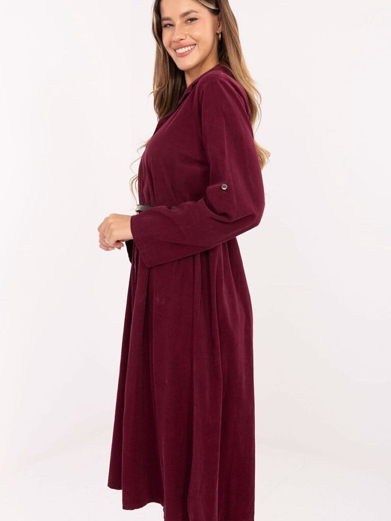 Robe chemise bordeaux ceinturée midi, coton, col structuré — vue 1