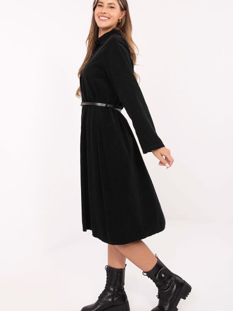 Robe chemise noire ceinturée mi-long, coton pur, col structuré — vue 1