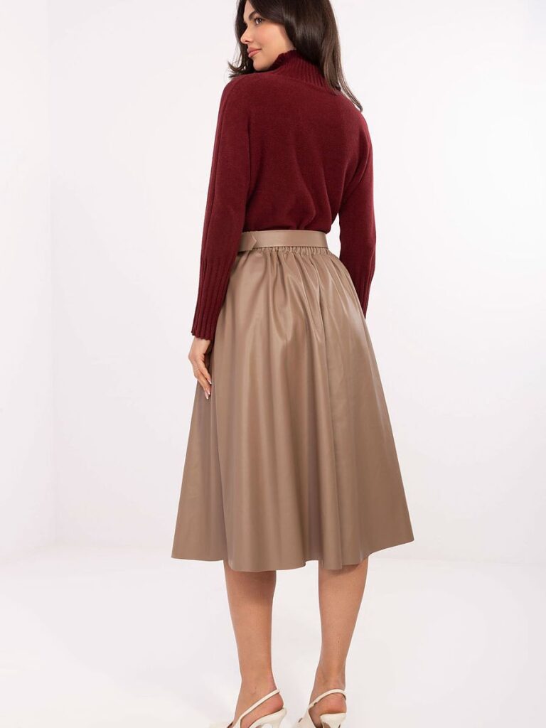 Jupe midi simili cuir beige, longueur midi, taille élastique confortable — vue 2